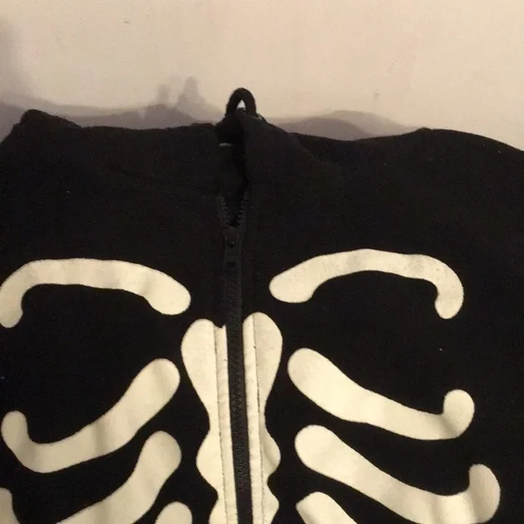 Skeleton Print Fleece Hooded Zipper Black Onesie/Pajamas/Costume - Picture 9 of 17